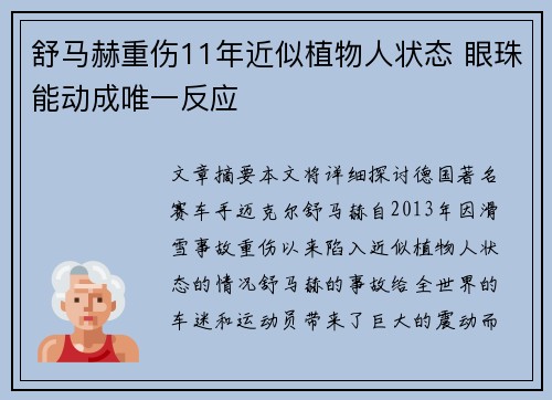 舒马赫重伤11年近似植物人状态 眼珠能动成唯一反应