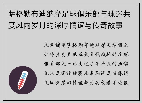 萨格勒布迪纳摩足球俱乐部与球迷共度风雨岁月的深厚情谊与传奇故事